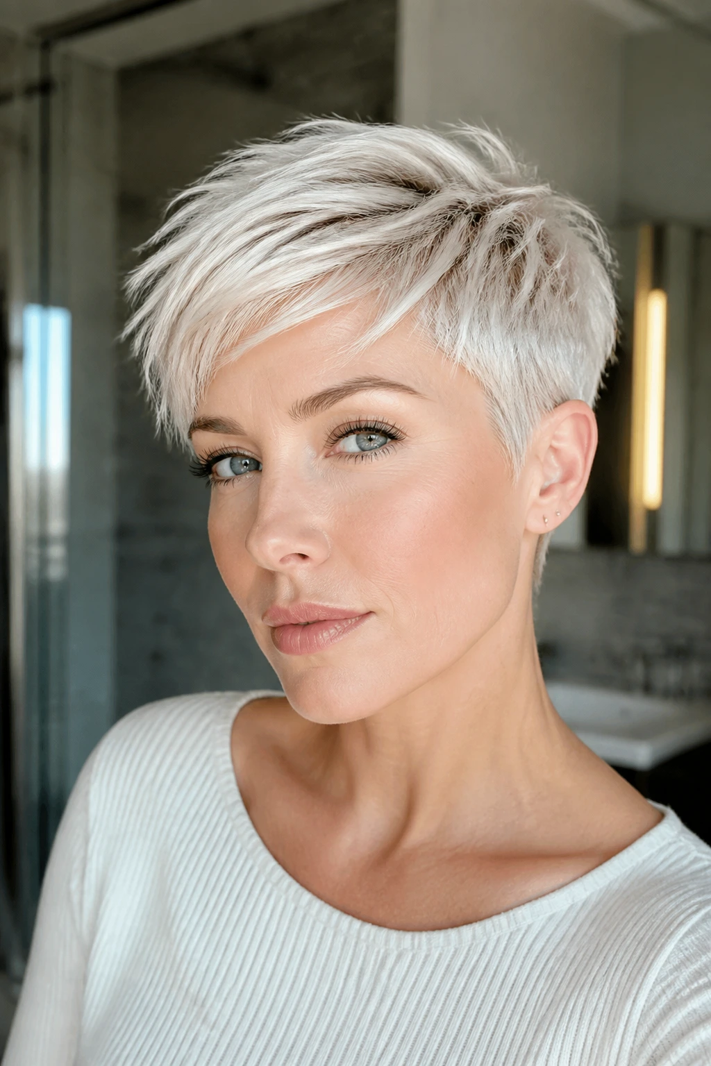 Close-up portrait of a woman with a feathered ice-blonde pixie