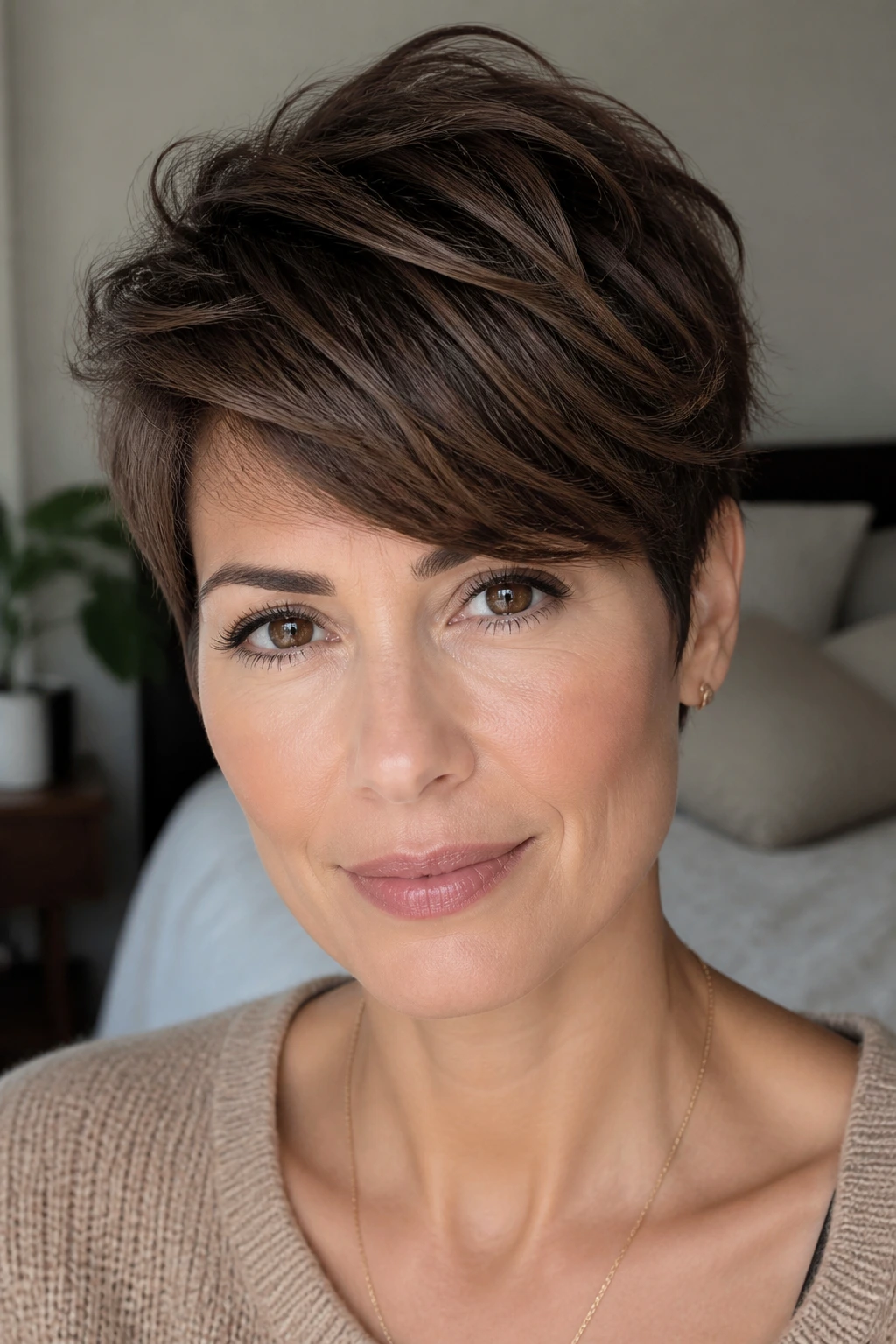 Close-up portrait of a woman with layered pixie and side-swept top in warm window light