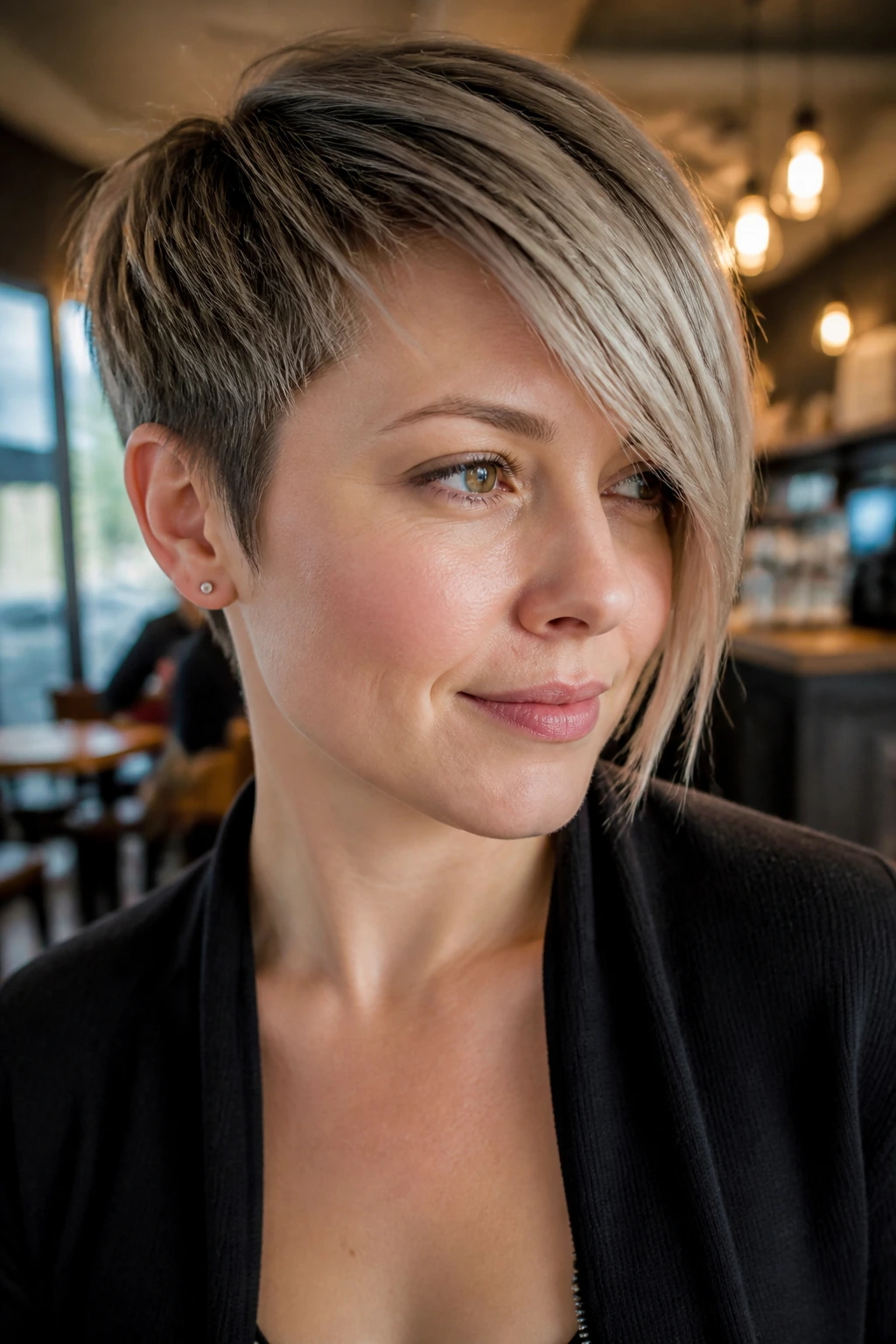 Portrait of a real woman with a side-swept pixie and long fringe