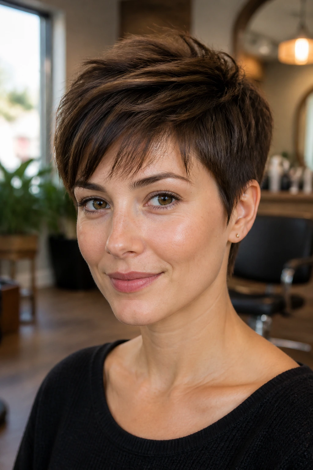 Close-up of a real woman with a pixie haircut featuring a longer crown in a sunlit salon