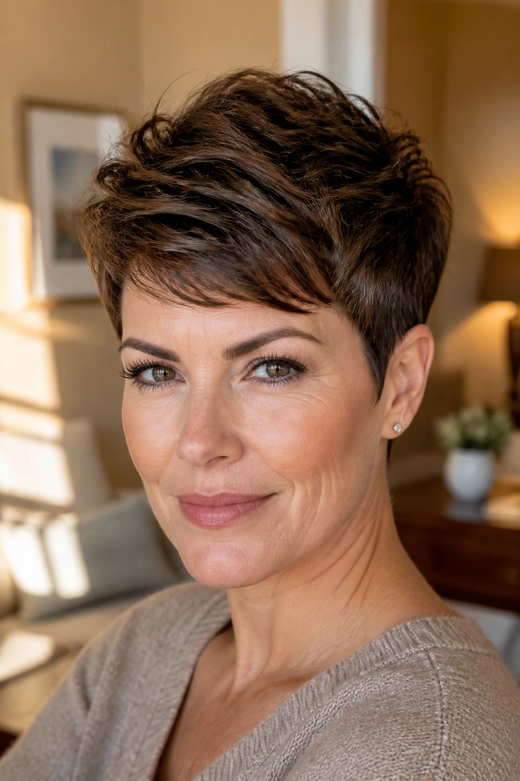 Portrait of woman with pixie haircut featuring longer top for volume
