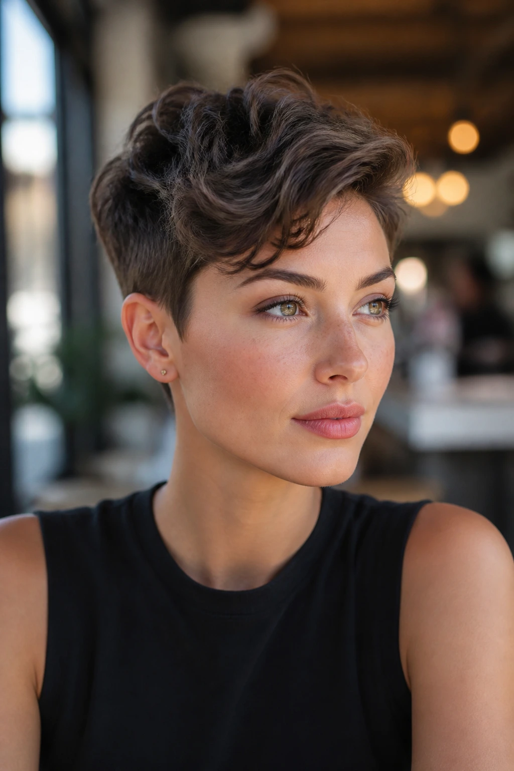 Real woman wearing a classic pixie with a longer top in a cafe
