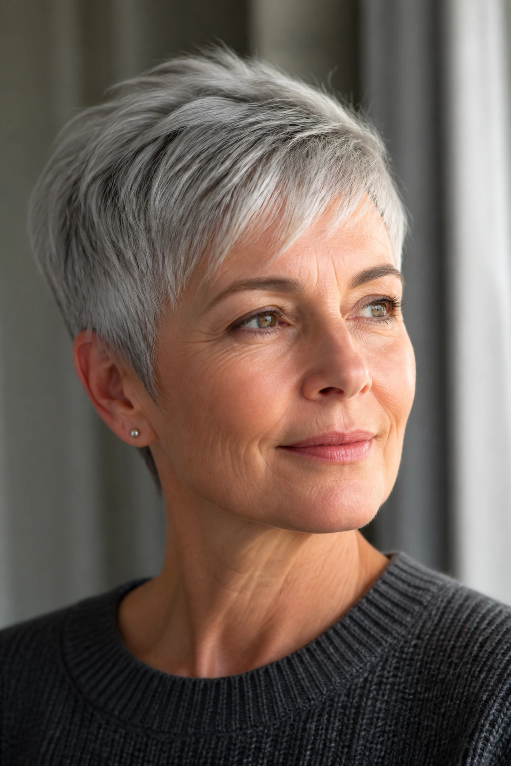 Portrait of a gray-haired woman with a crisp pixie outline.