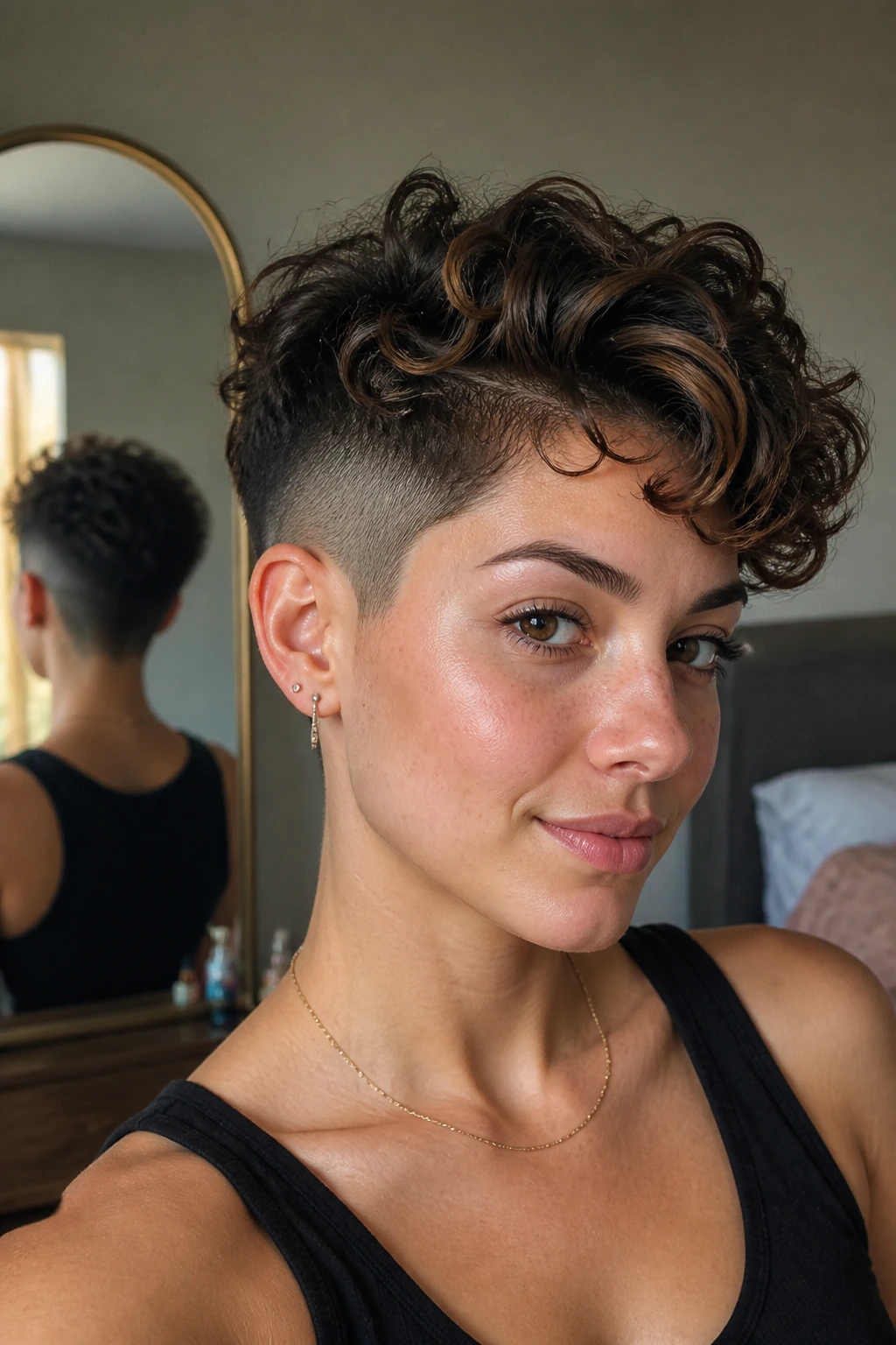 Portrait of person with shaved-sides pixie in bedroom showing top length balance