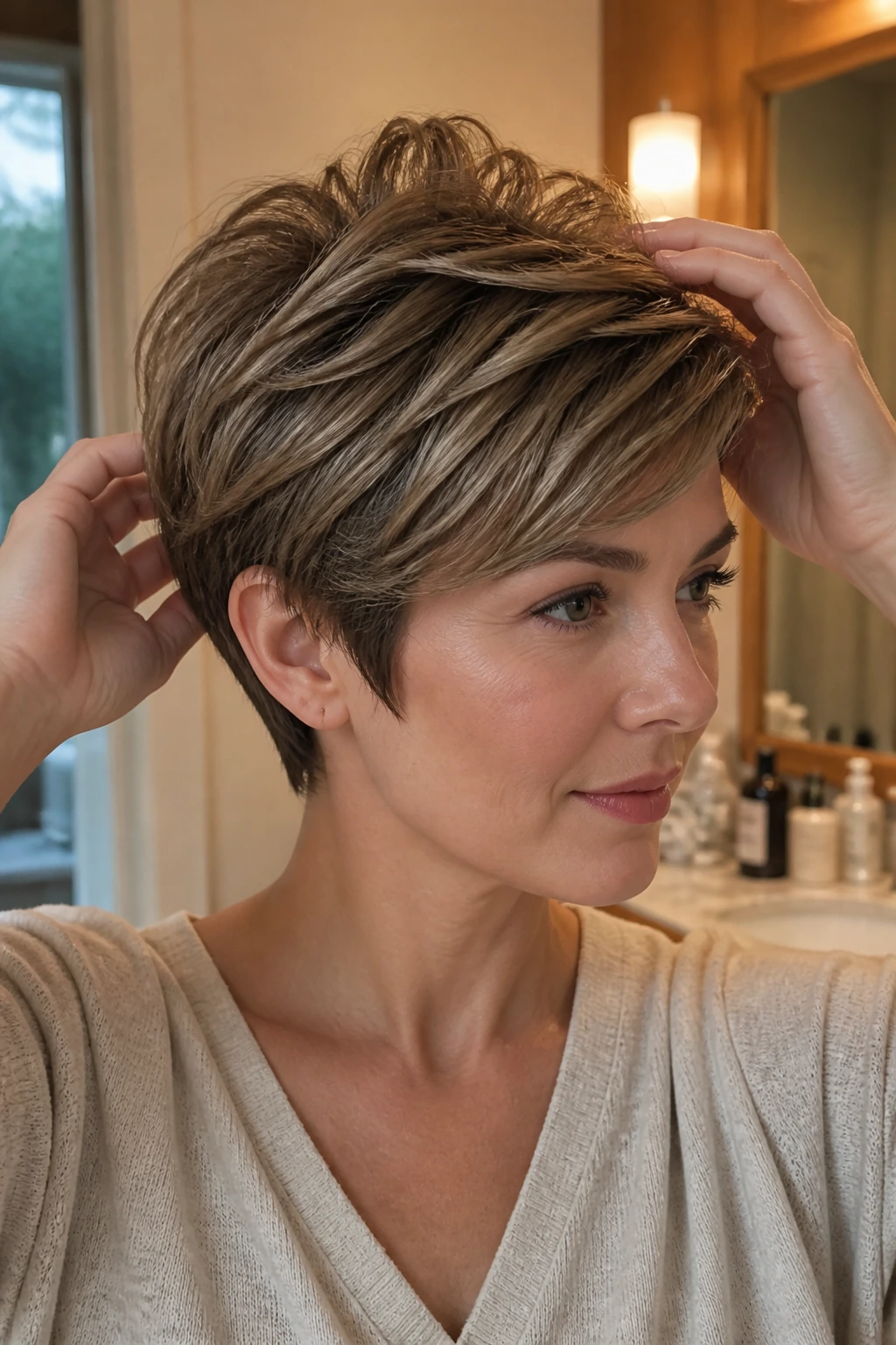 Close-up of a real woman with a thick long pixie showing a crisp neckline and tapered ends
