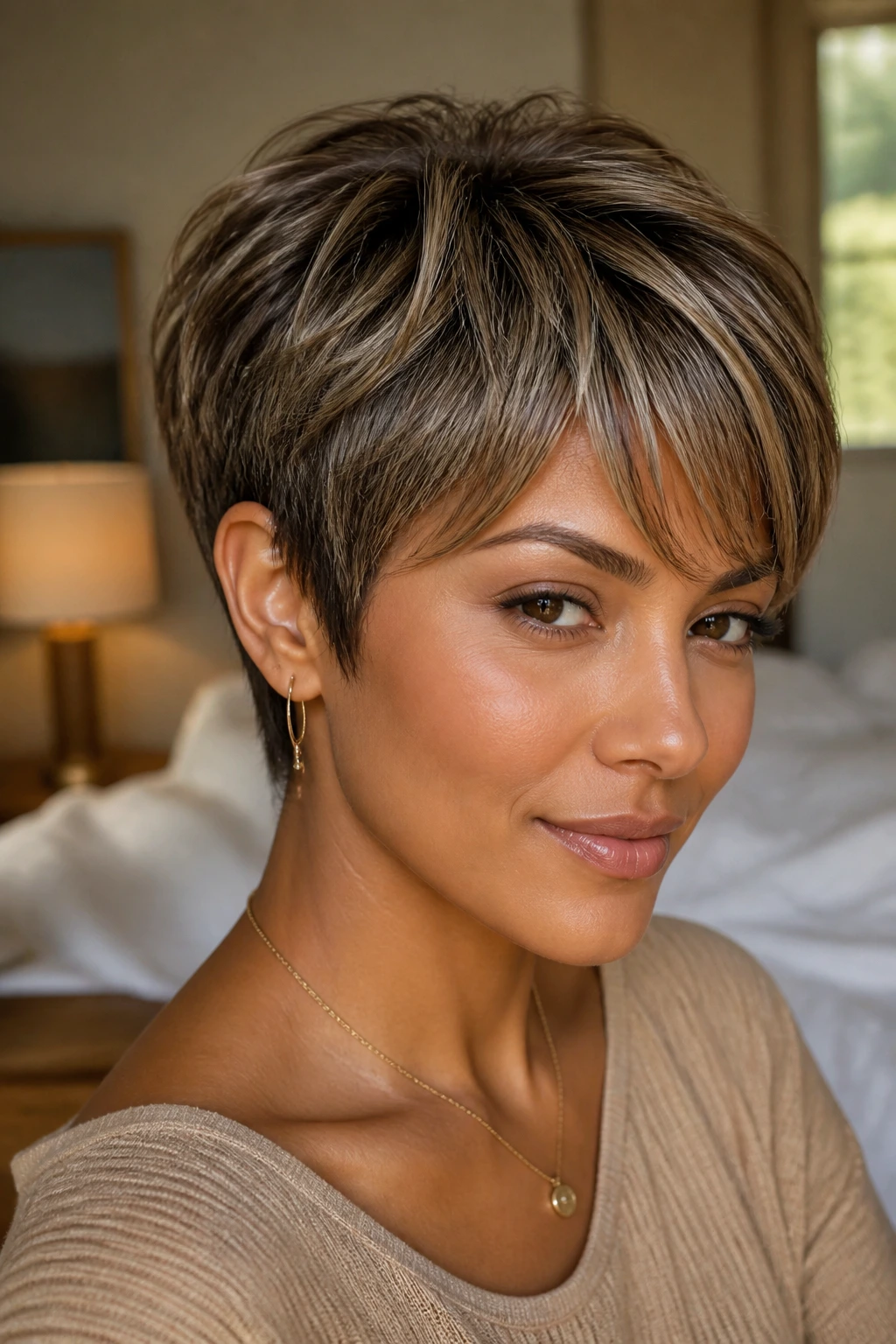 Close-up portrait of a real woman with a dimensional pixie and micro honey caramel streaks.