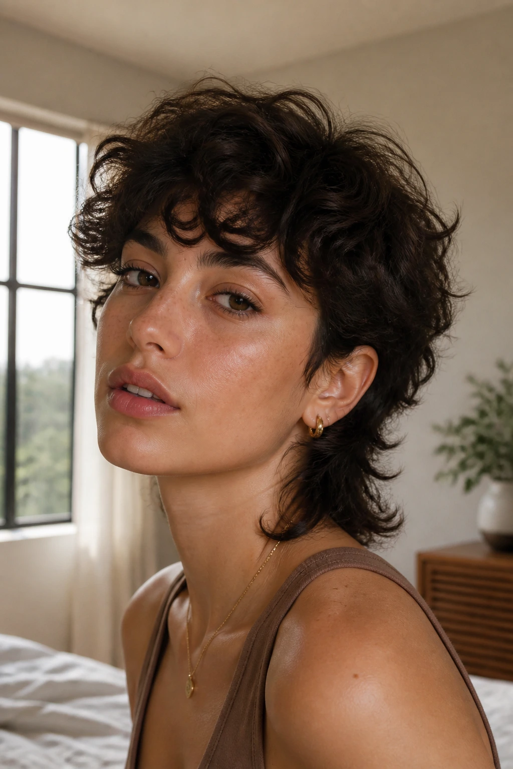 Close-up portrait of a real woman with a pixie mullet and loose curls in a sunlit bedroom.