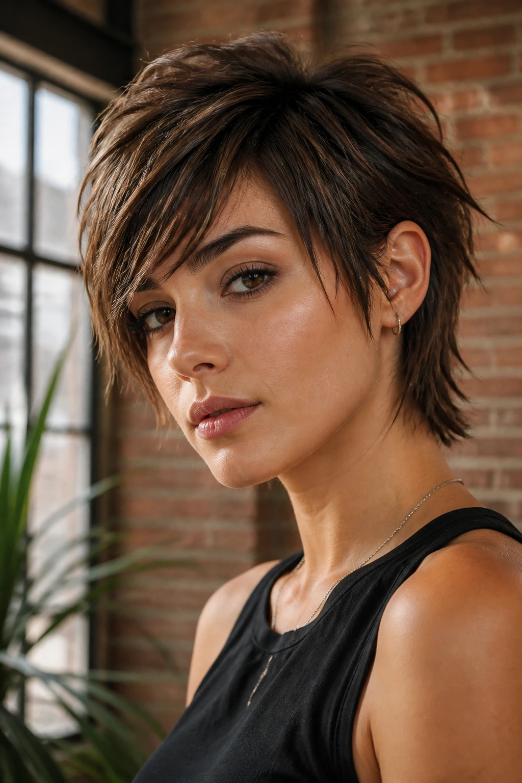 Close-up of a real person with side-parted pixie mullet and piecey bangs.