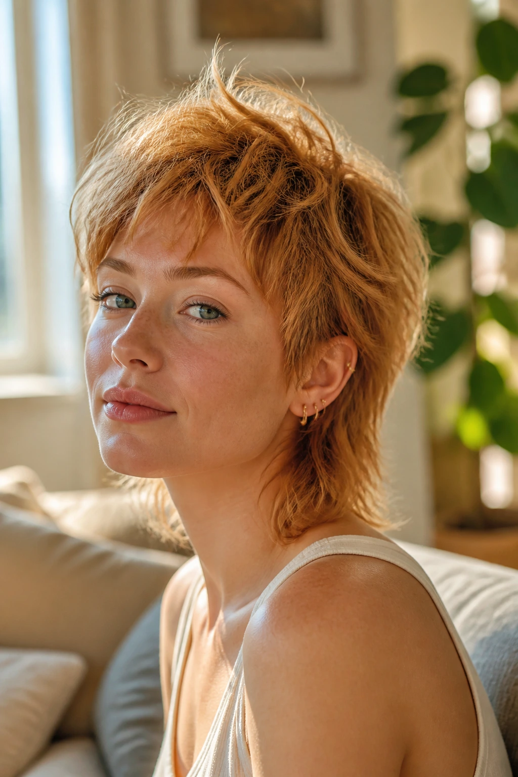 Close-up portrait of a real woman with a pixie mullet and wispy texture in strawberry blonde.