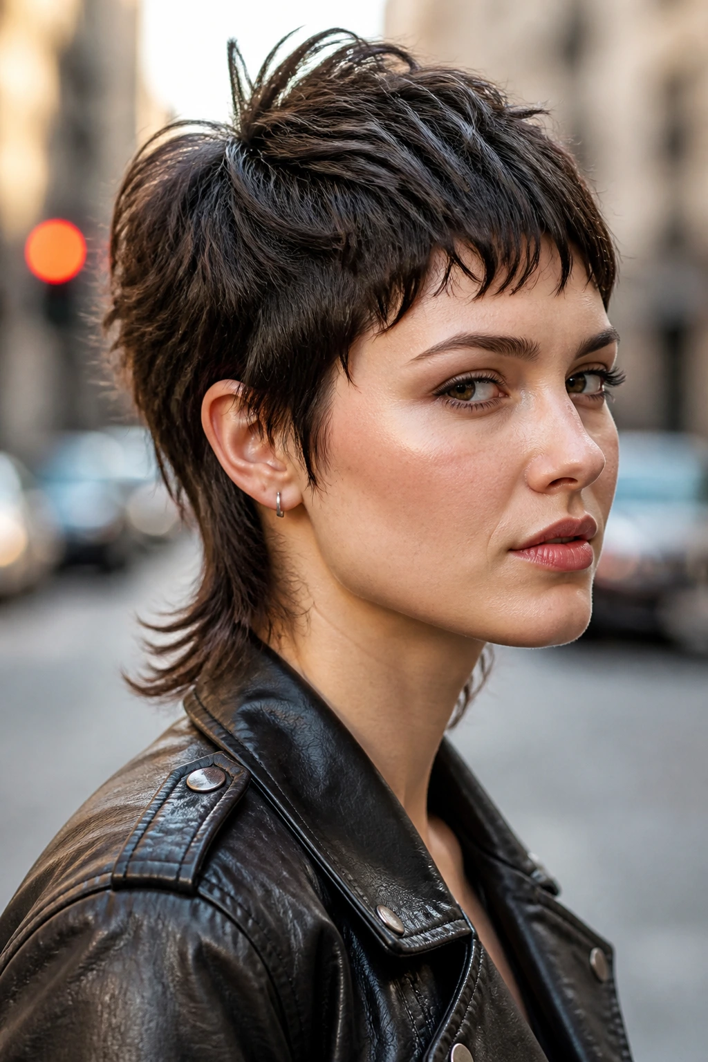 Portrait of a real woman with tapered pixie mullet.