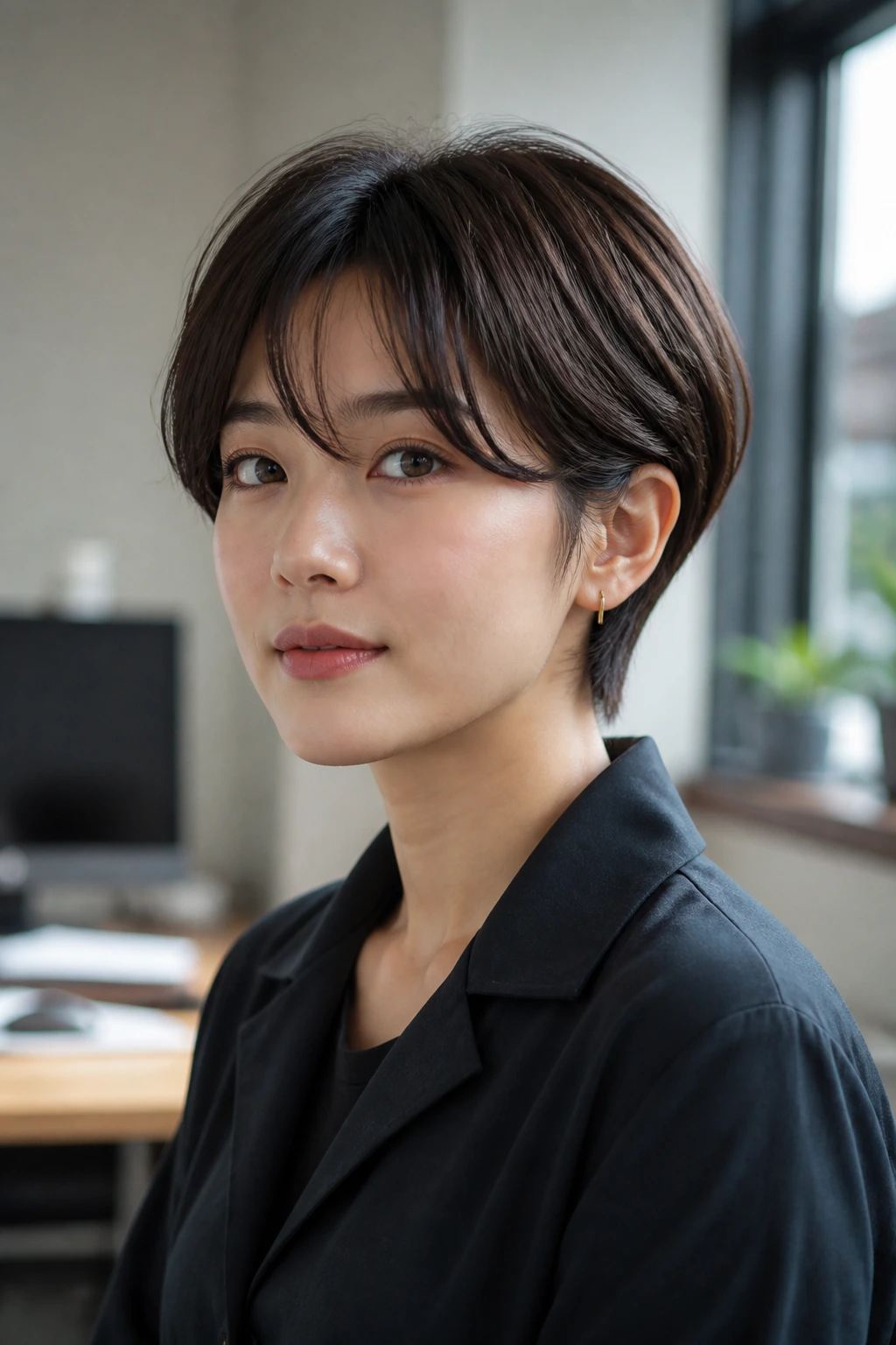 Close-up portrait of a real woman with a casual office pixie and side curtain bangs in a softly lit office setting.