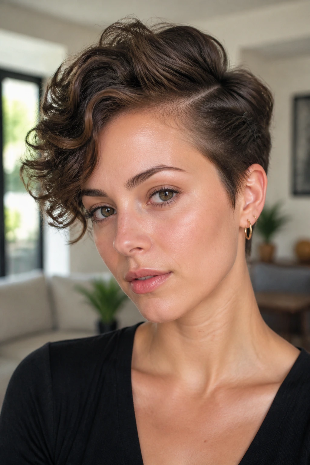Close-up of a real woman with a side-part pixie and pinned volume.