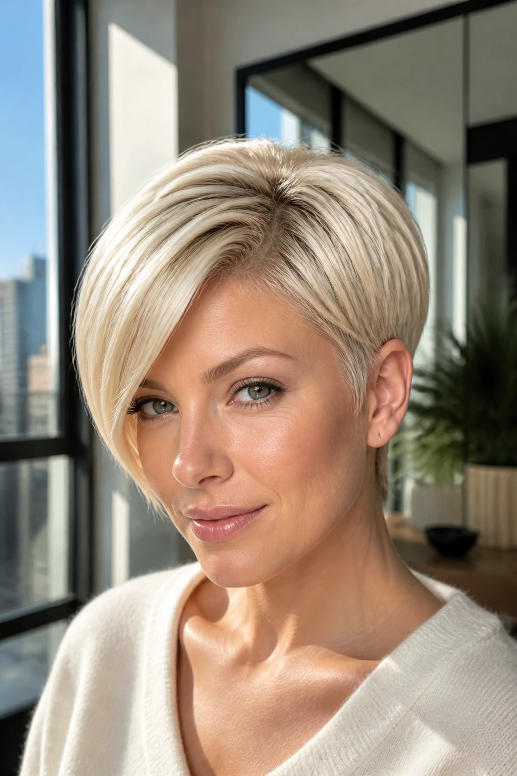 Close-up portrait of a real woman with a long pixie and asymmetrical part in platinum blonde