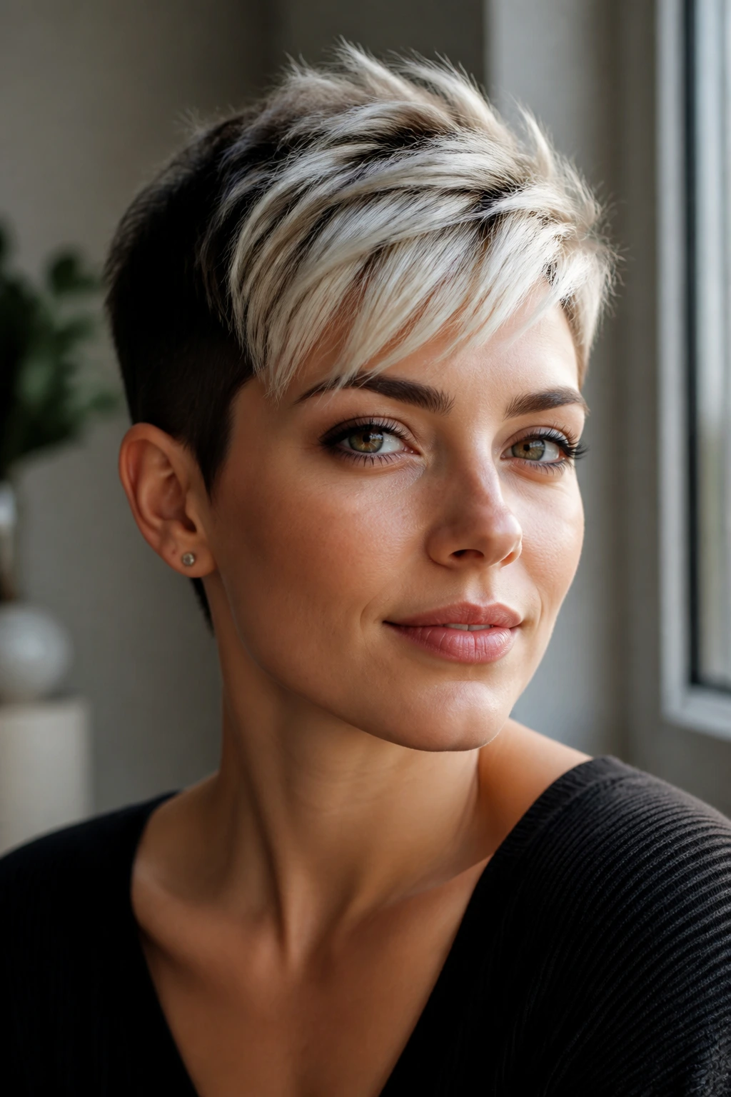 Close-up of a pixie cut with platinum fringe on a real person