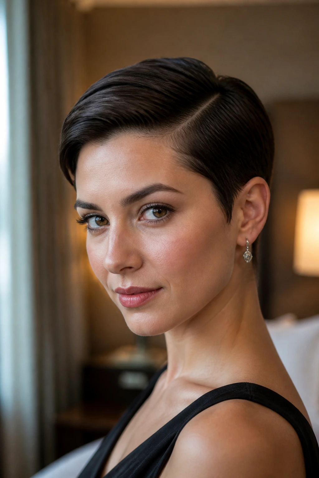 Close-up of a woman with a sleek side-part pixie hairstyle in warm window light
