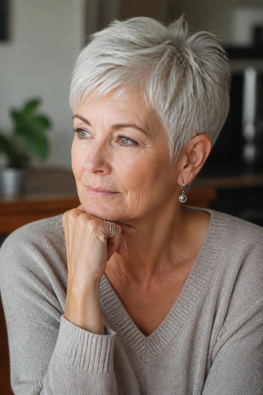 Real portrait of a woman considering a pixie cut with thoughtful look