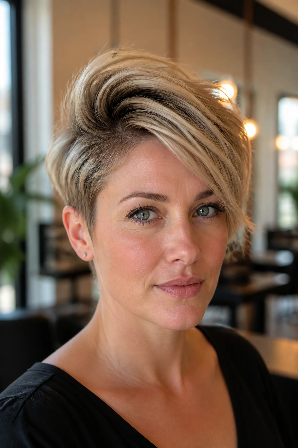Close-up portrait of a real woman with a pixie quiff and long sweep across the forehead