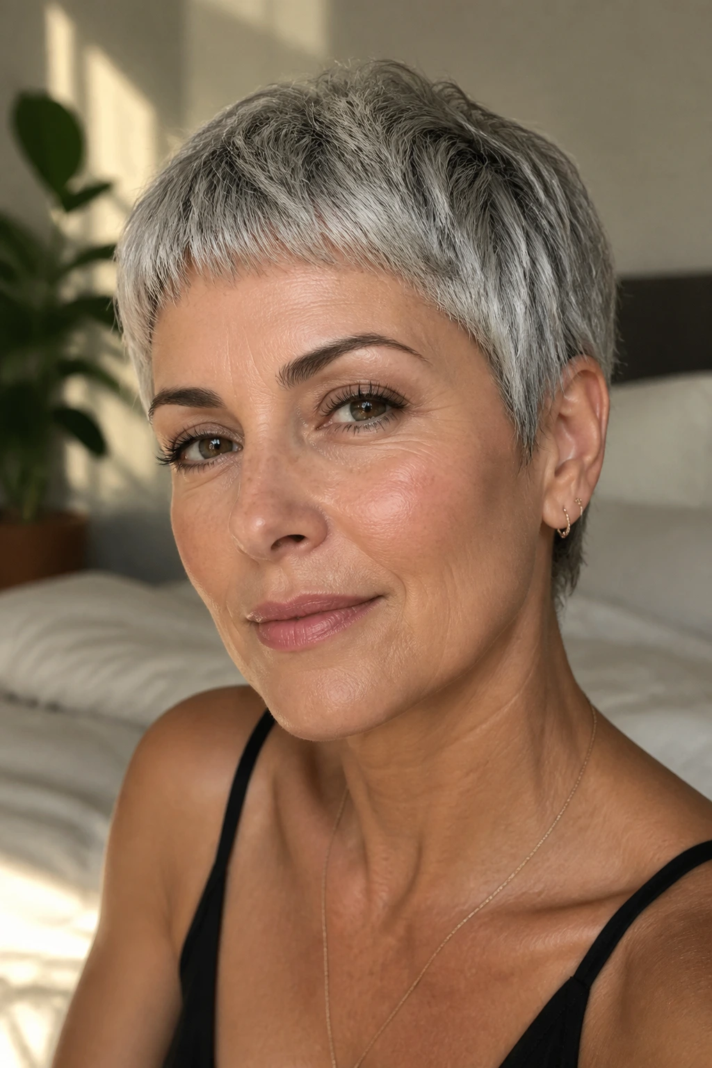 Close-up of a real person with Razor-Cut Pixie With Micro Fringe in ash tones.