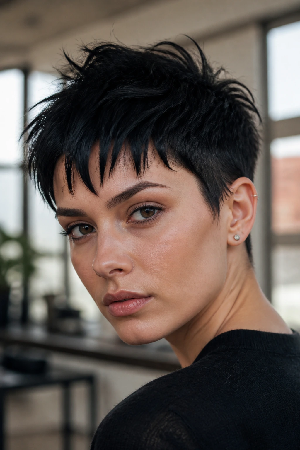 Close-up portrait of a real woman with a choppy pixie and razor fringe.