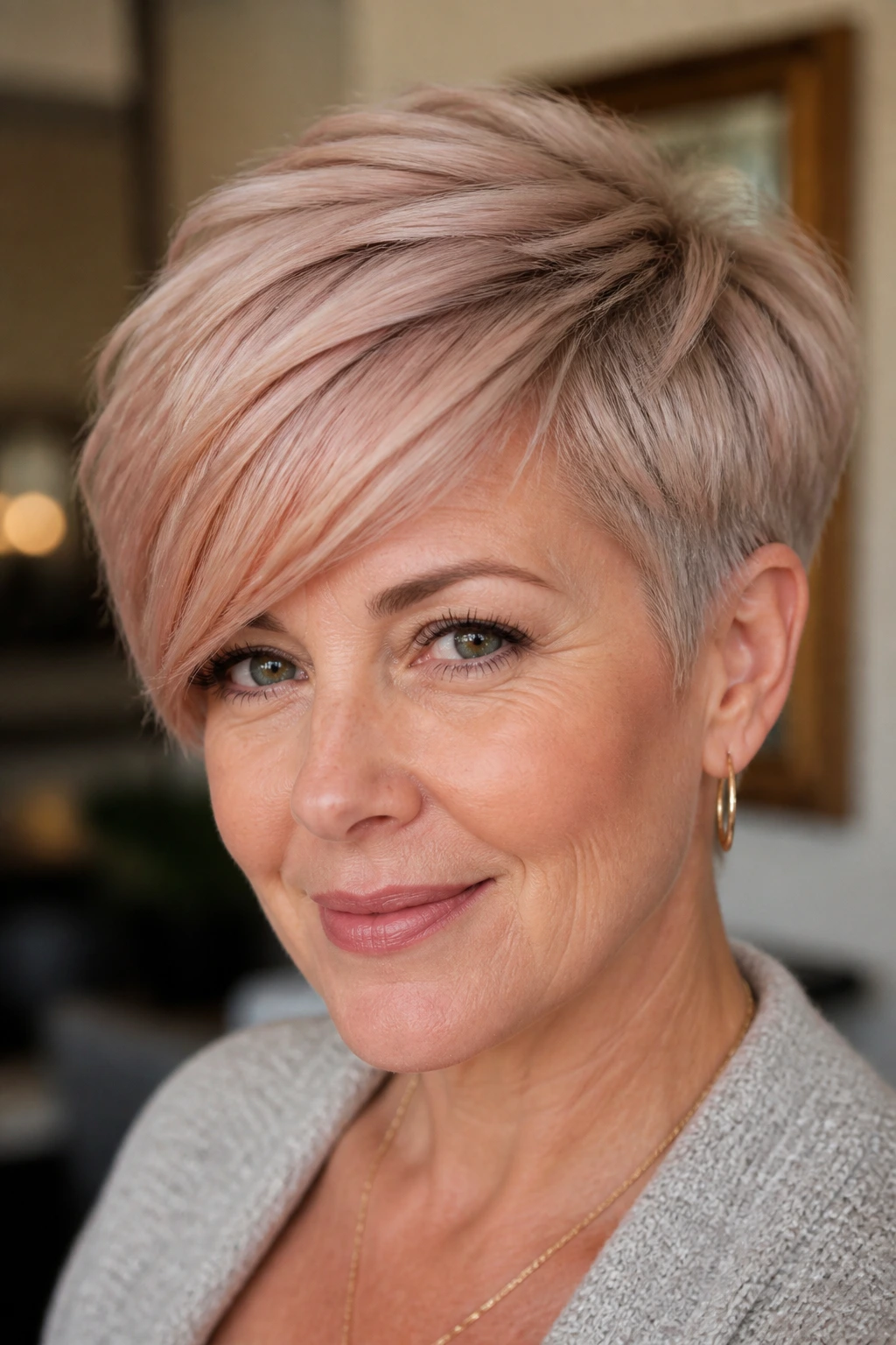 Portrait of real woman with side-swept pixie and rose-beige toning