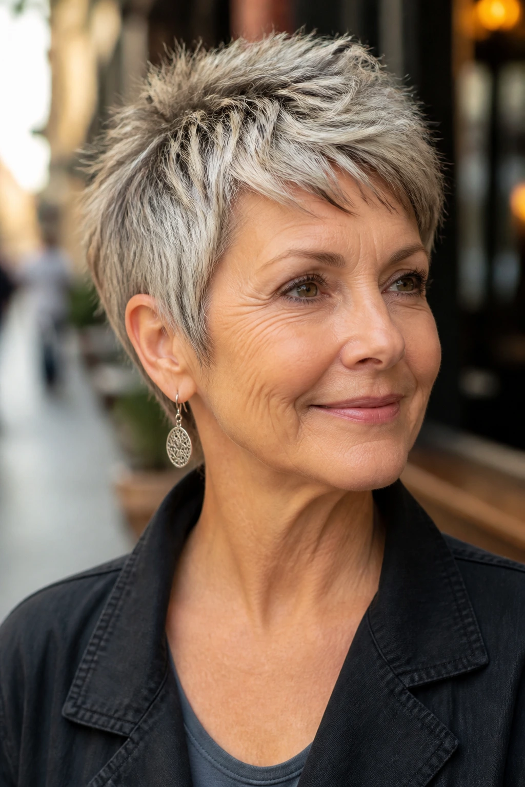 Close-up of a woman with a textured salt-and-pepper pixie hairstyle