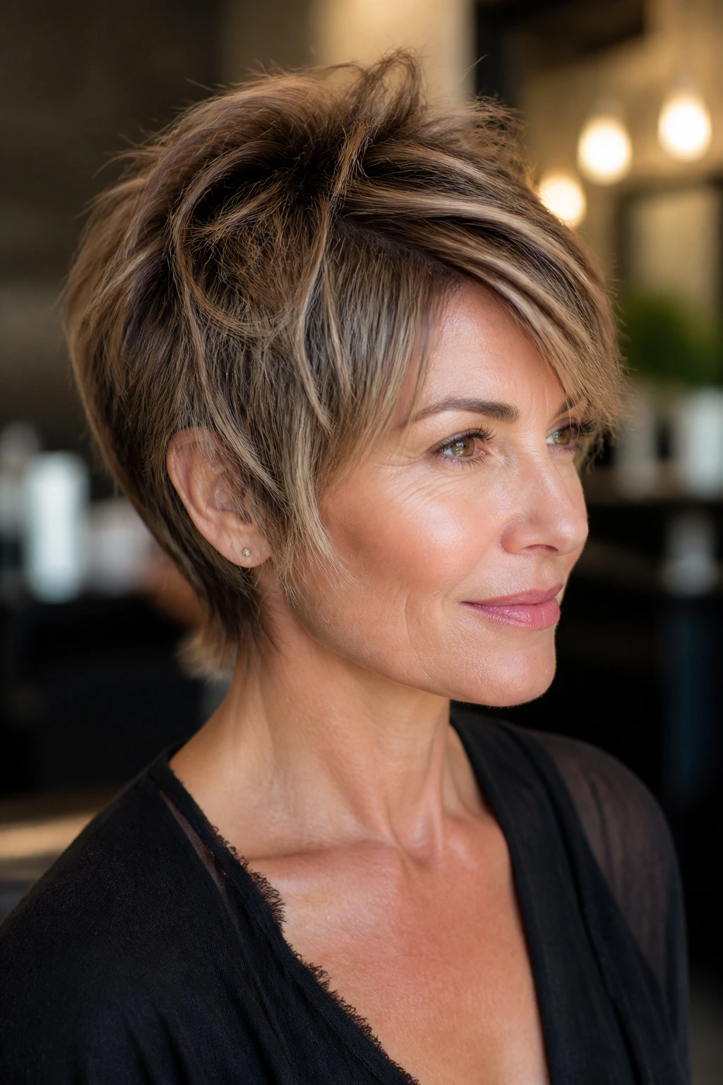Close-up of a real person sporting a pixie shag with longer crown layers