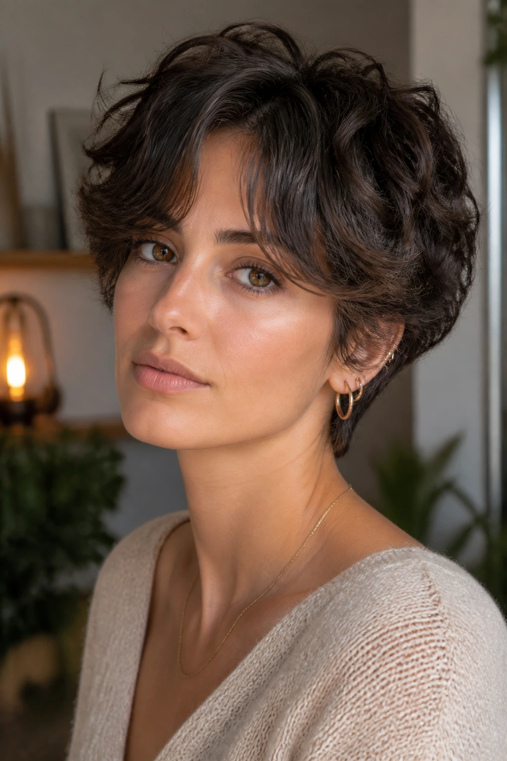 Close-up of a person with pixie shag and long curtain bangs