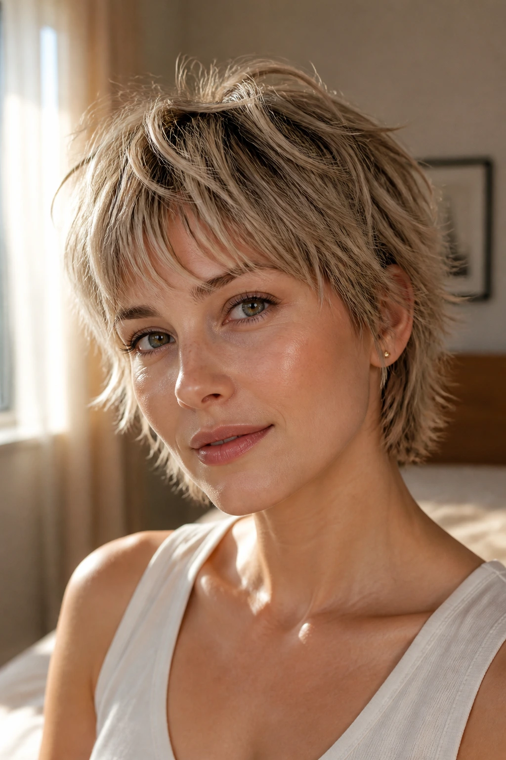 Close-up portrait of a real woman with a wisped pixie shag for very fine hair