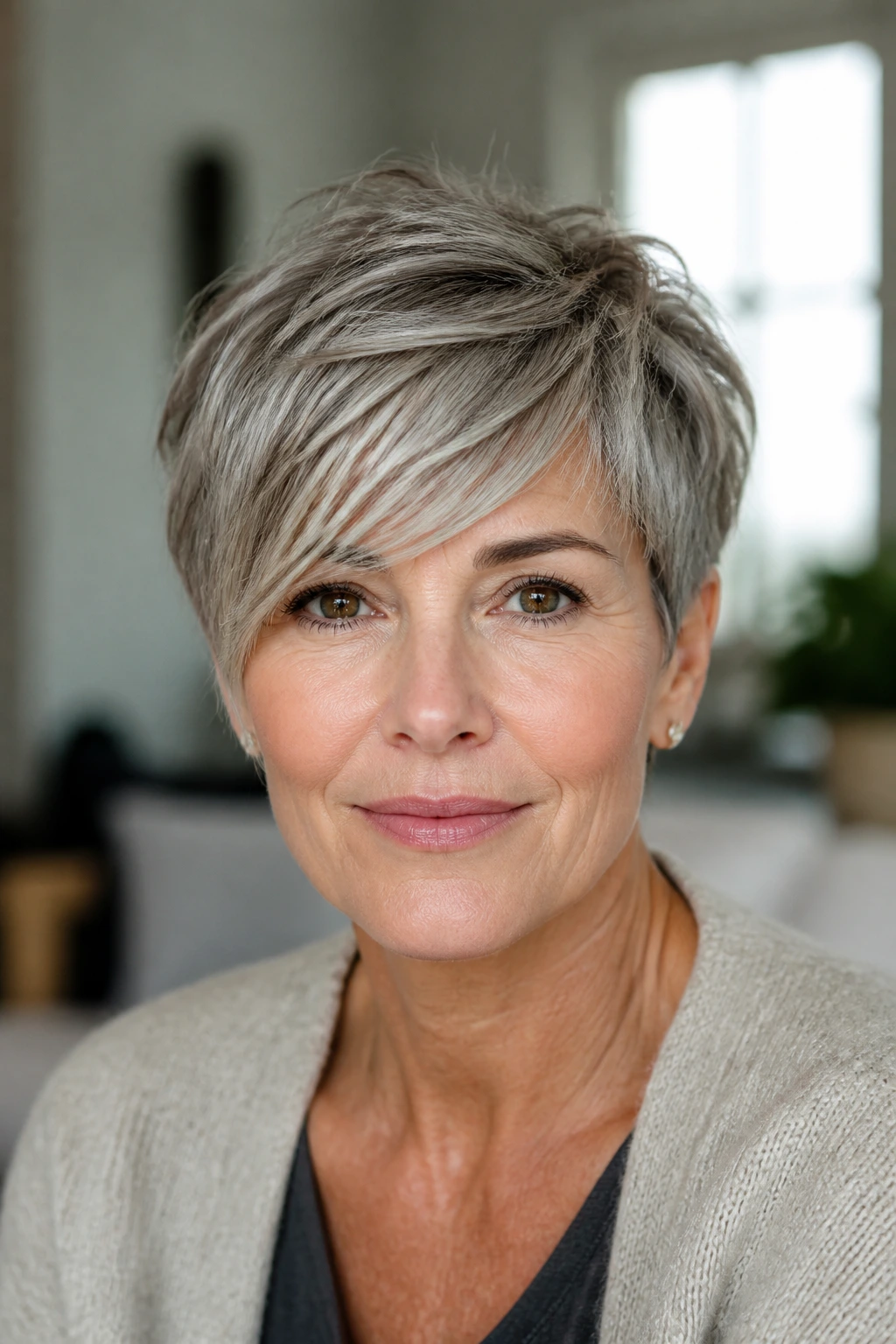 Real woman with short pixie shag and sweeping fringe