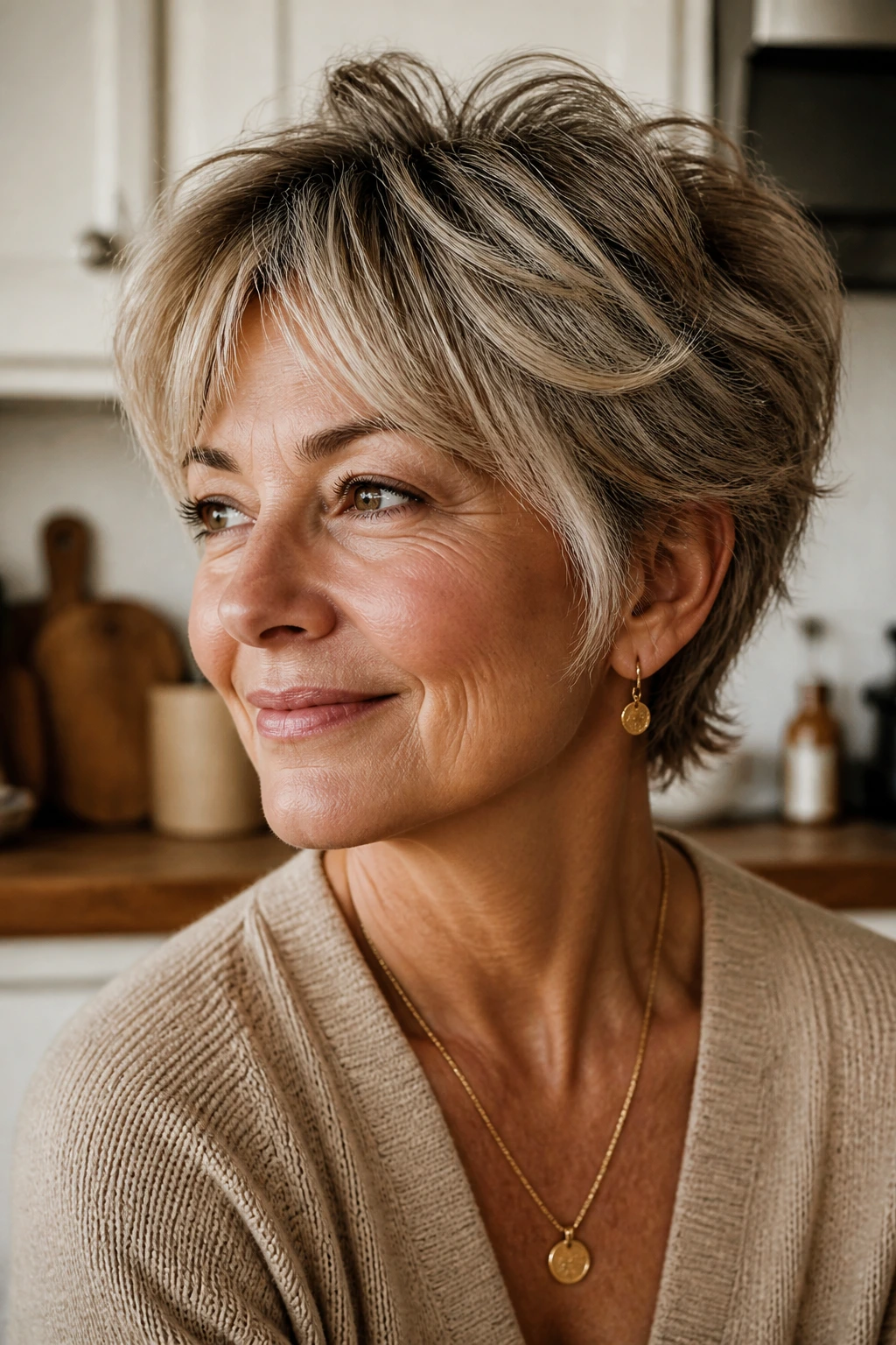 Close-up of a woman with a grown-out pixie shag and soft curtain bangs