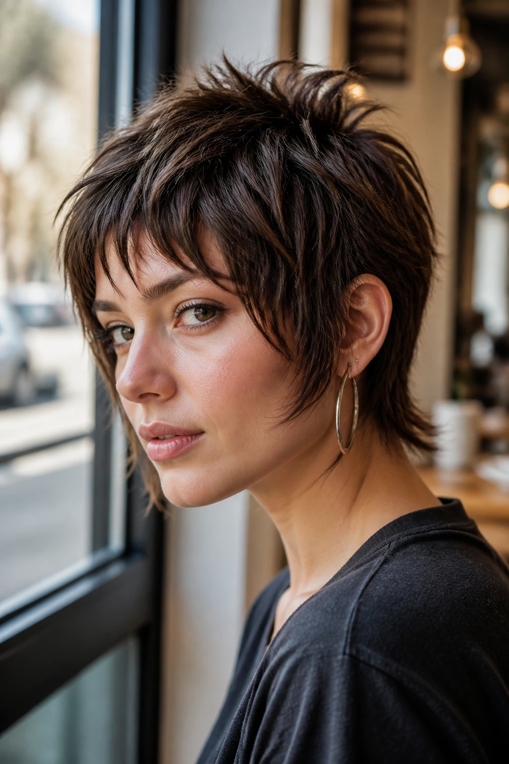 Close-up of a person with jagged crown pixie shag, sides framing the face in window light.