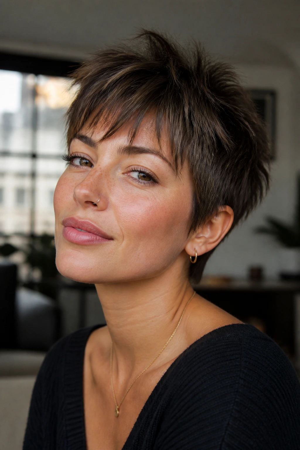 Close-up portrait of pixie shag with piecey fringe on a real person.