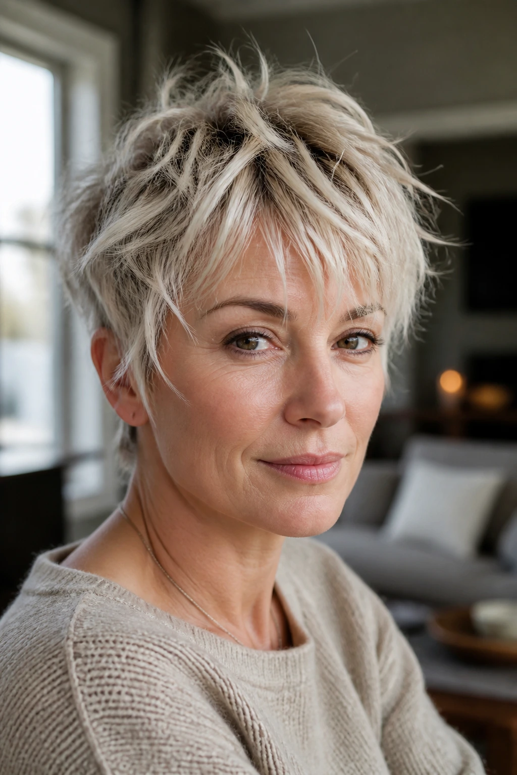Close-up of a real woman with Tousled Pixie Shag hairstyle in warm window light.
