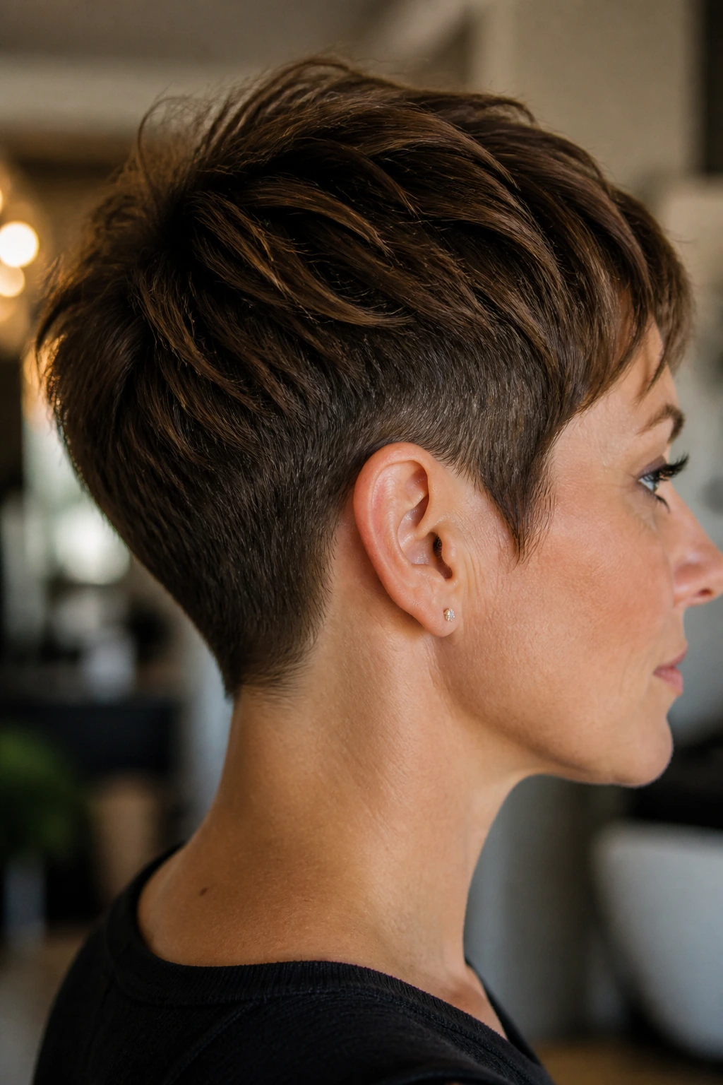 Portrait highlighting the pixie silhouette and nape contour