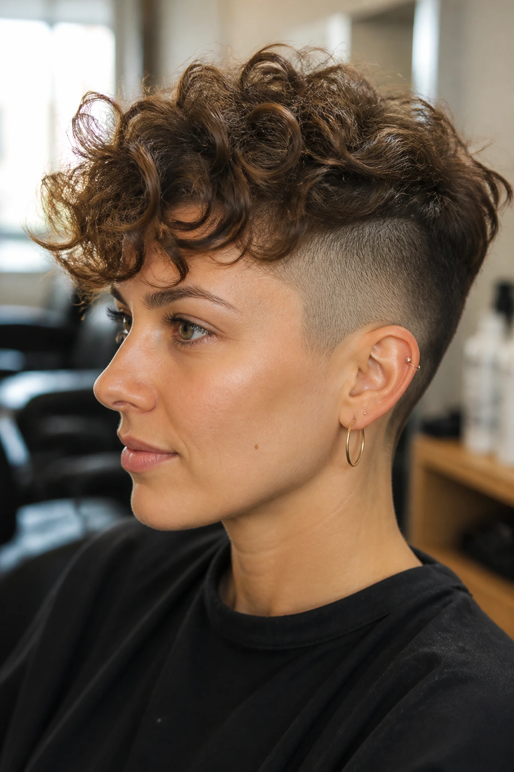 Close-up portrait of a person with shaved-sides pixie haircut in a salon