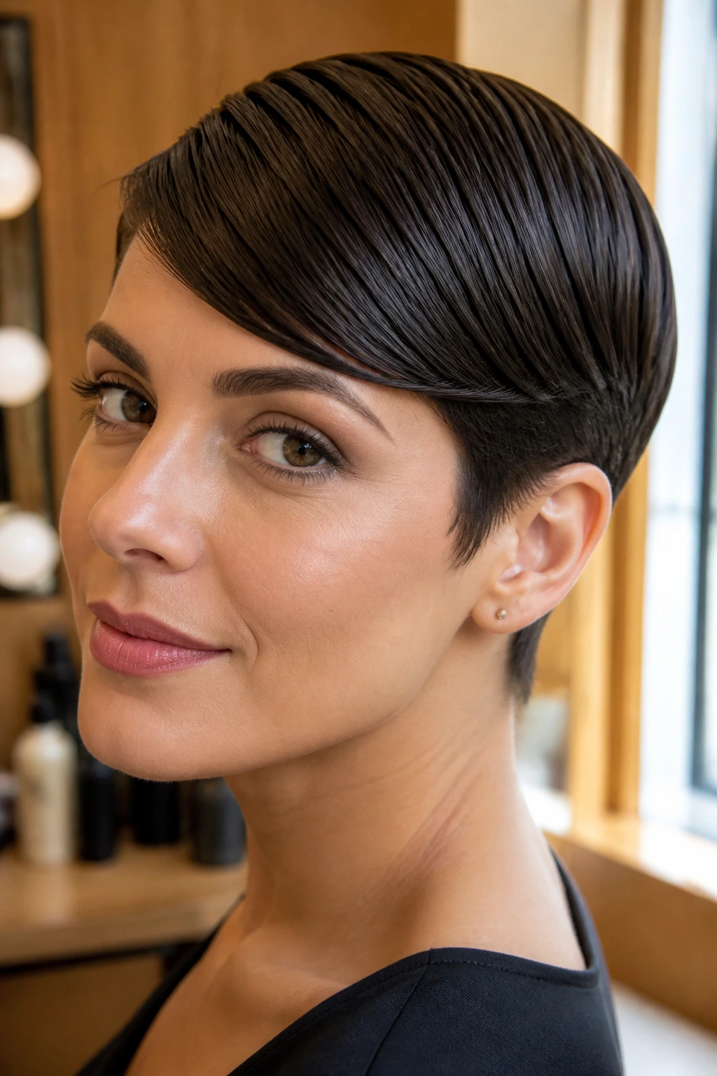 Close-up of a real woman with a pin-flat tucked pixie and glossy swept bang