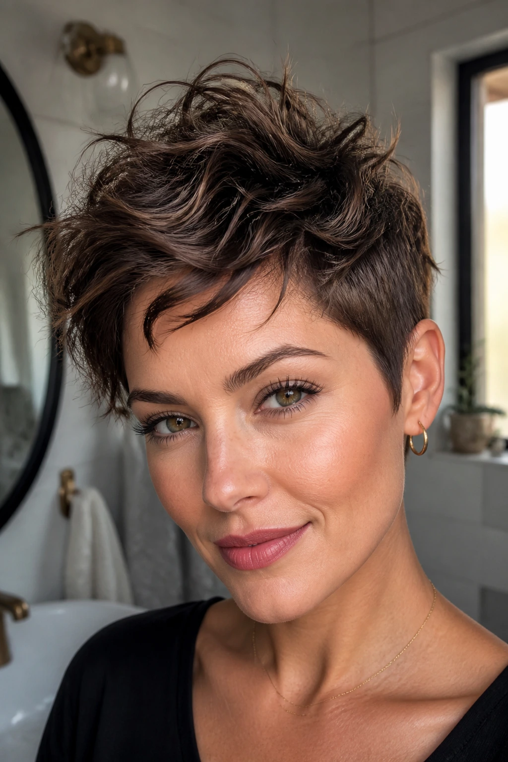 Real woman with a short wavy pixie showing top volume and texture.