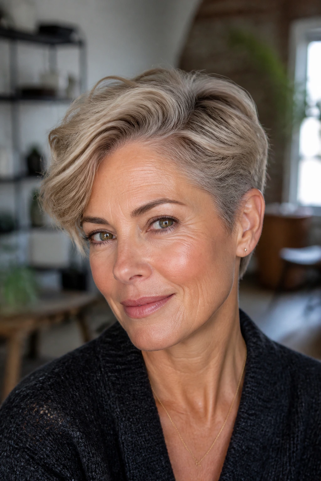Close-up of a woman with a side-parted pixie and longer top