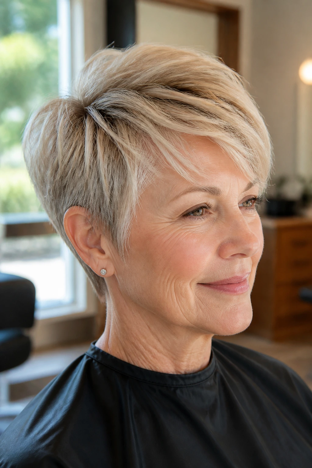 Close-up portrait of a real woman with feathered pixie and side fringe