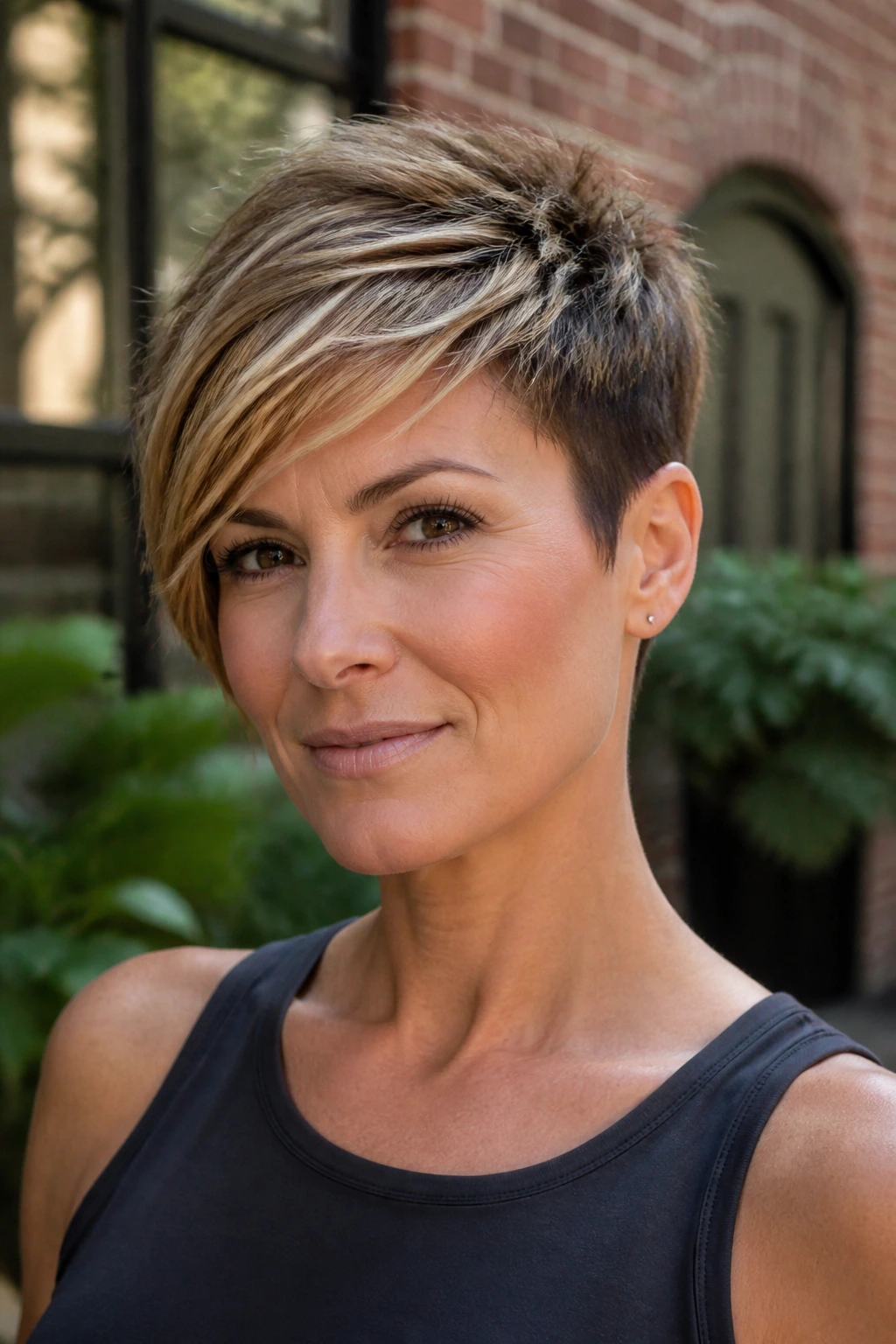 Close-up of a real person with a textured pixie and side-swept fringe