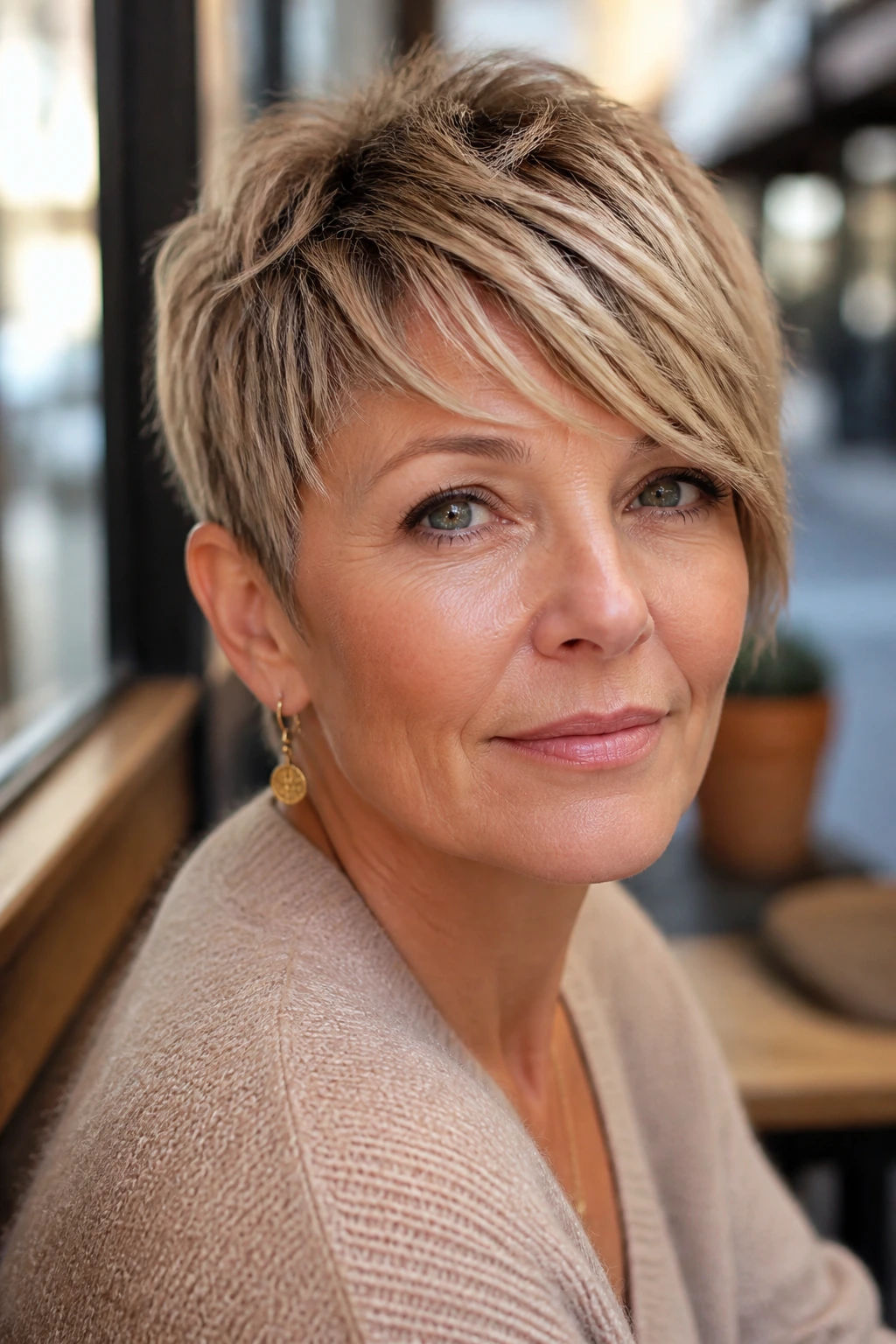 Close-up of a real woman with a side-swept pixie and sandy fringe.