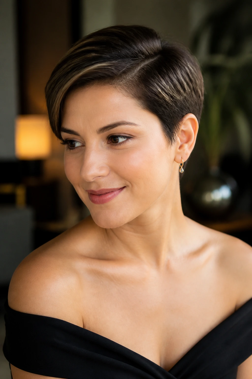 Close-up of a pixie hairstyle tucked behind one ear with off-shoulder dress.