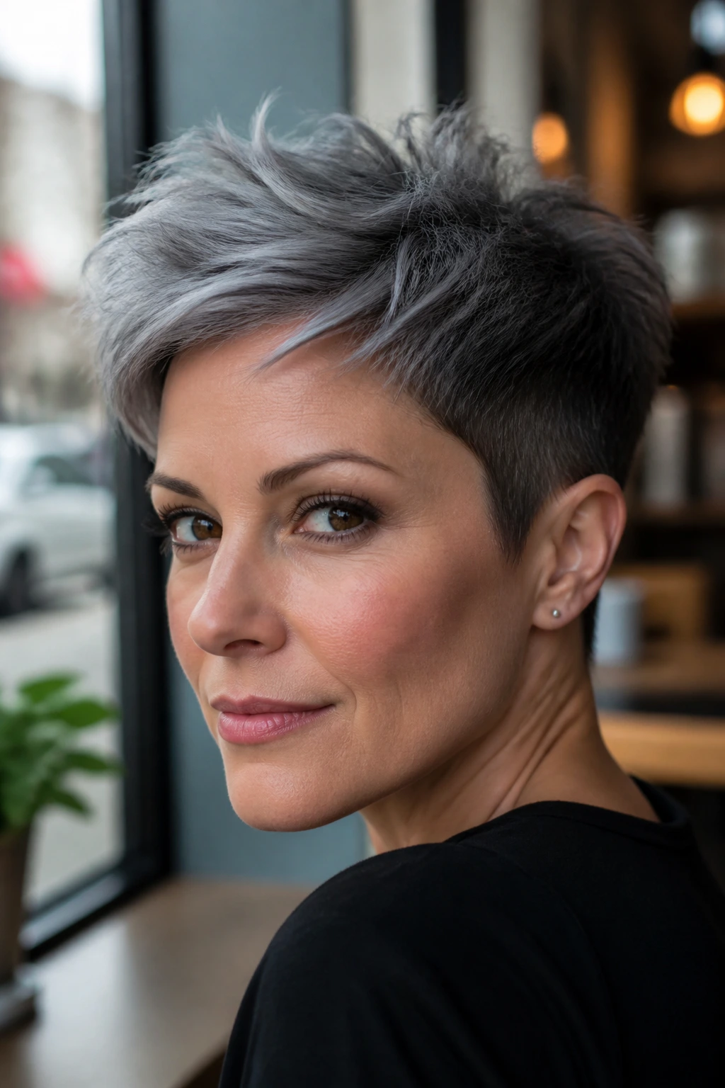 Close-up of a real person with a pixie cut and slate crown hairstyle