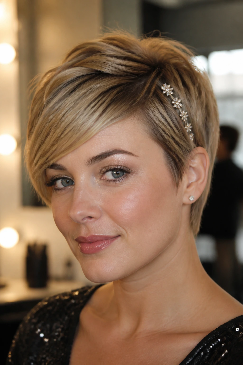 Portrait of a real woman with side-swept pixie and crystal pins at temple