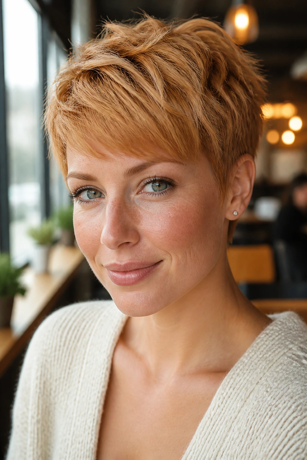 Close-up of a real woman with a Warm Strawberry Blonde Pixie in copper-gold strawberry blonde.