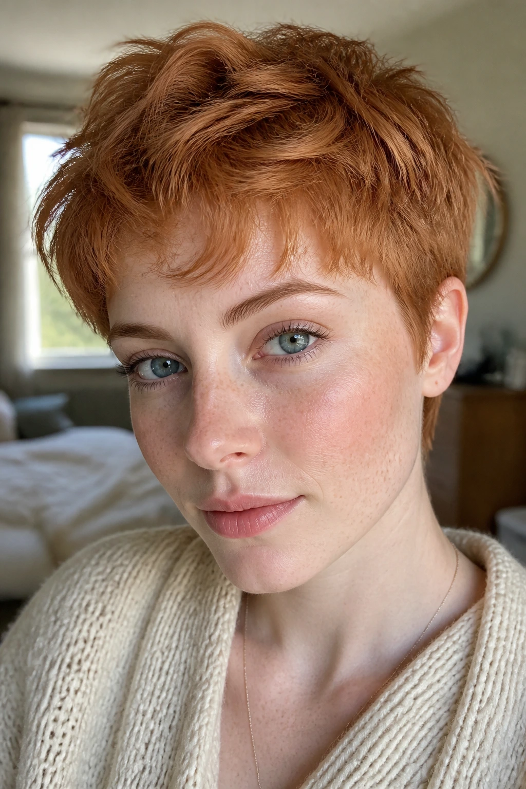 Close-up of a real woman with a wispy pixie cut in strawberry copper
