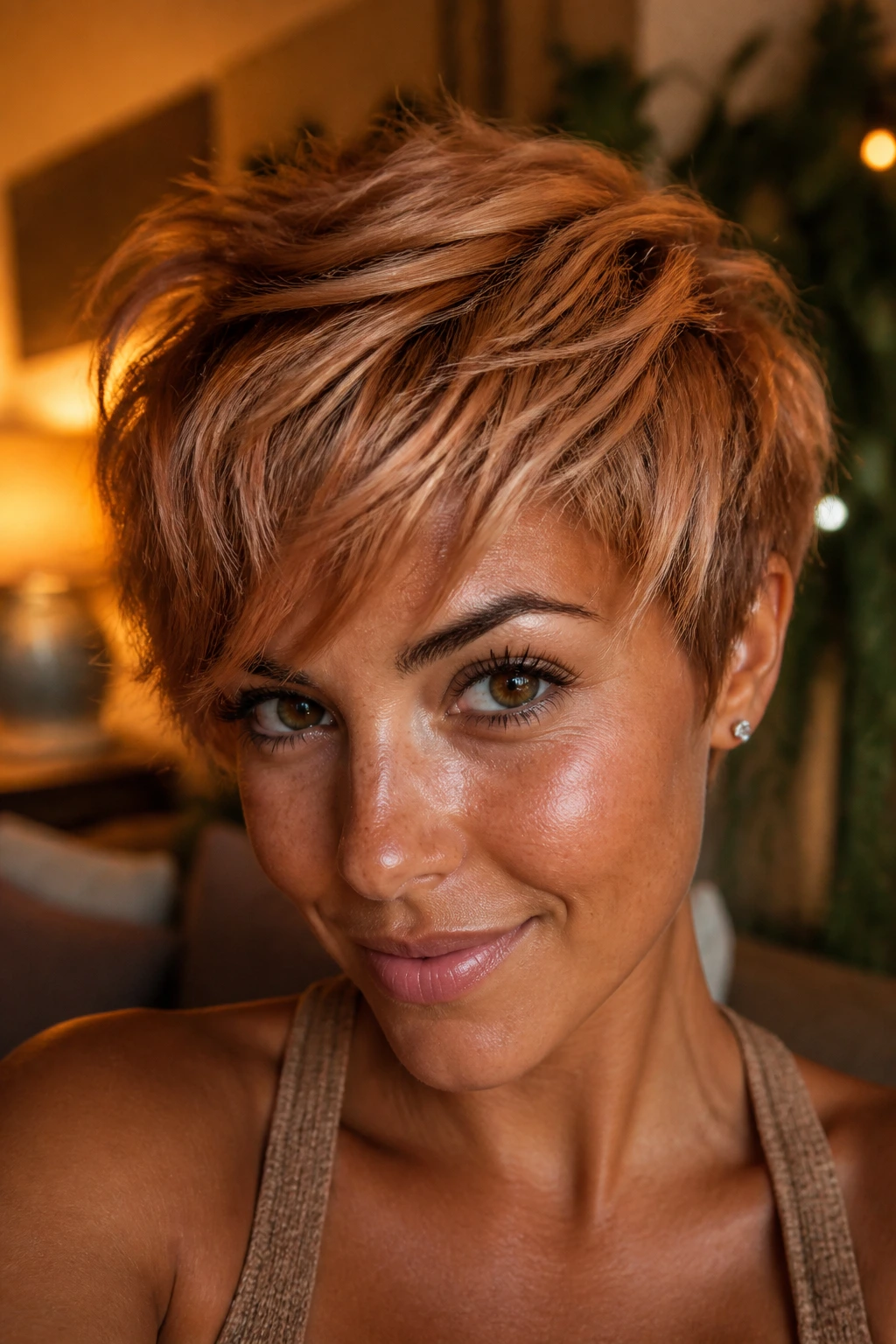 Close-up of a real person with a pixie cut and strawberry flicks on tan skin