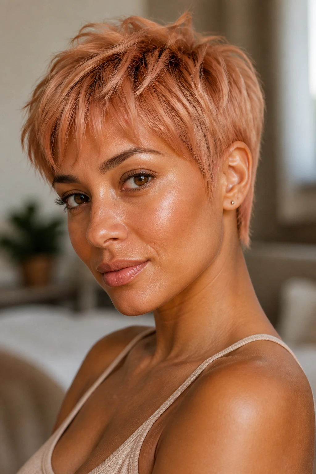 Close-up of wispy pixie with strawberry glaze on tan skin.
