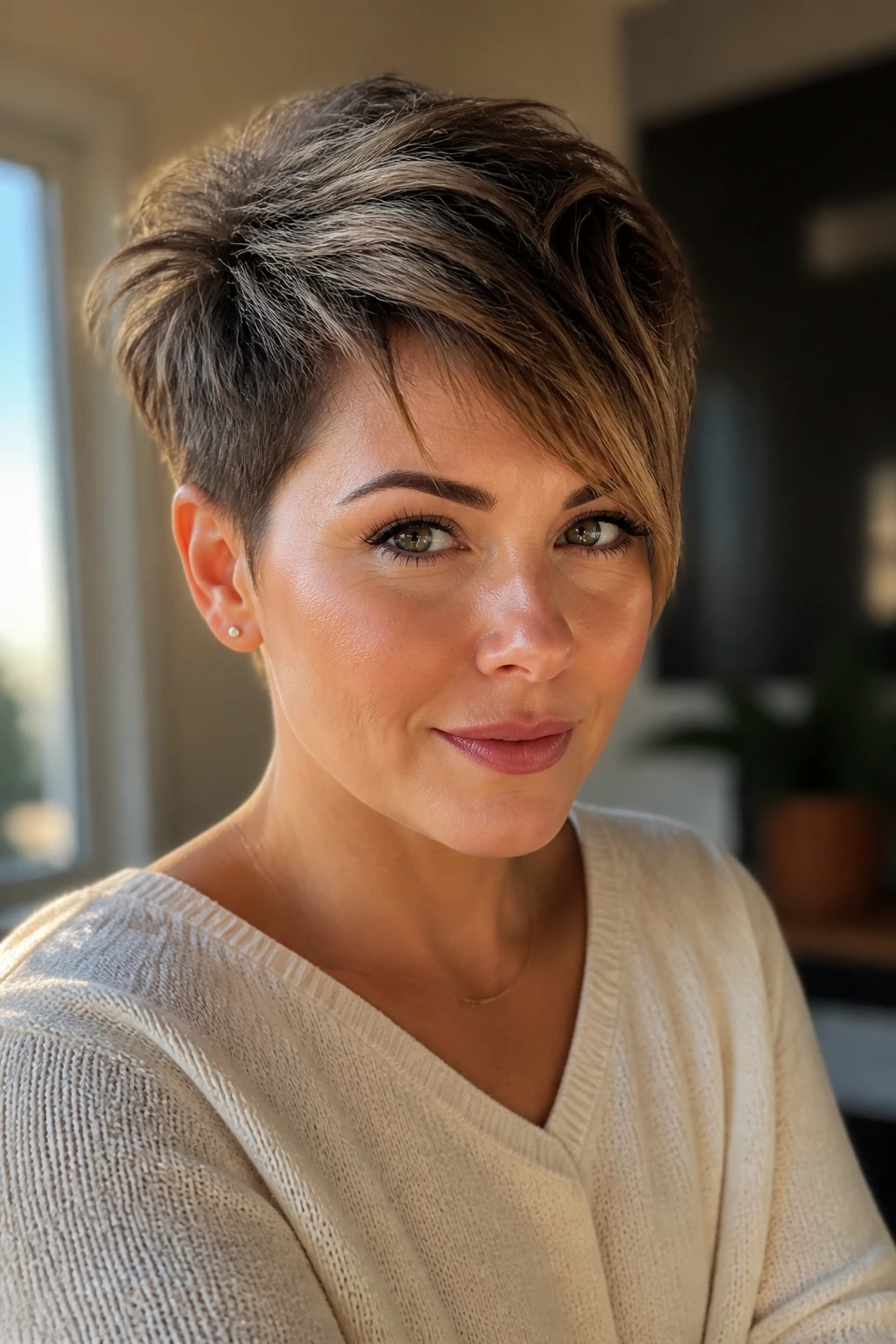 Portrait of a woman with a pixie cut showing lifted crown and diagonal fringe for a round face.