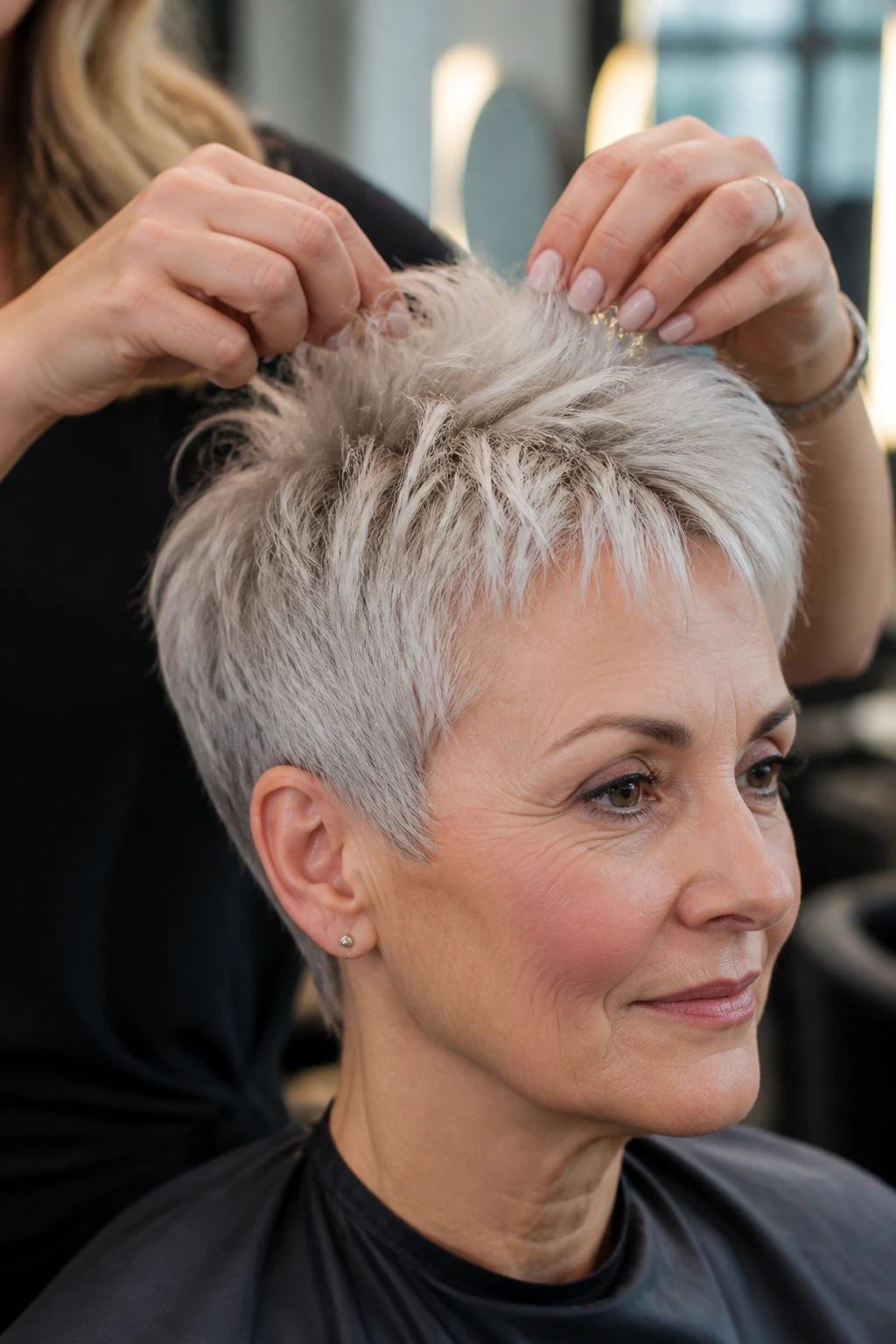 Portrait showing hands shaping a thin pixie to reveal lift